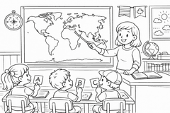 Lehrerin erklärt die Weltkarte - Ausmalbild