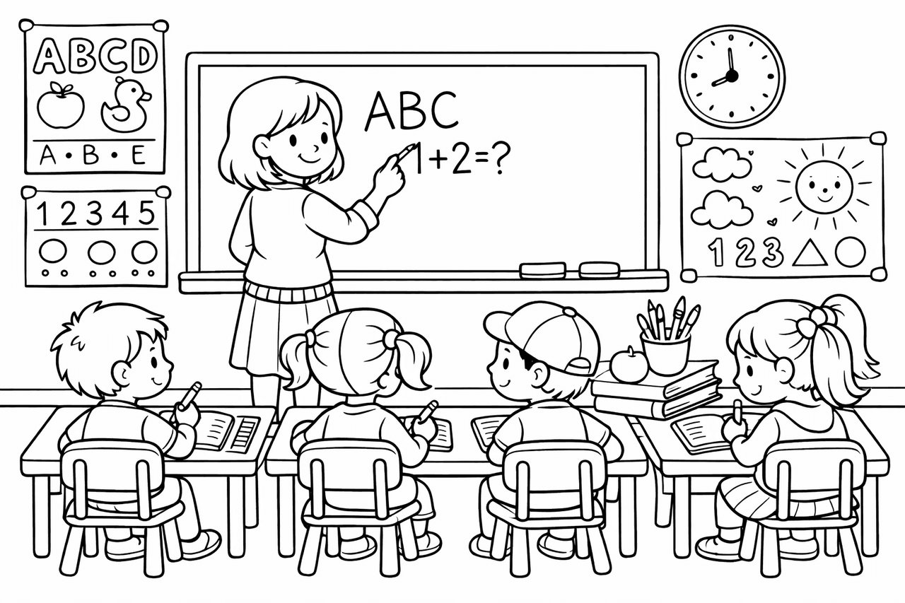 Lehrerin im Klassenzimmer mit Kindern - Ausmalbild