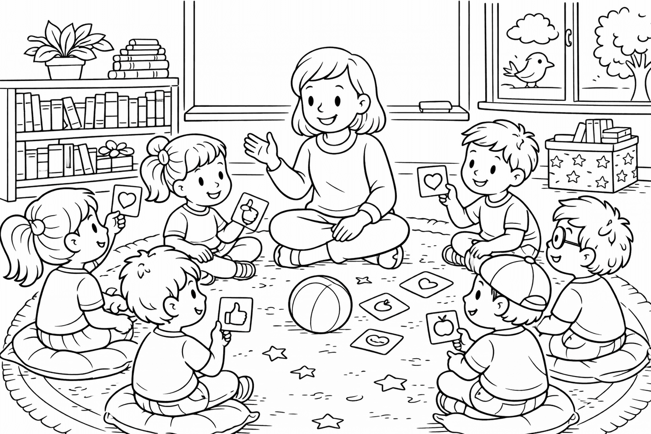 Lehrerin und Kinder im Klassenraum - Ausmalbild