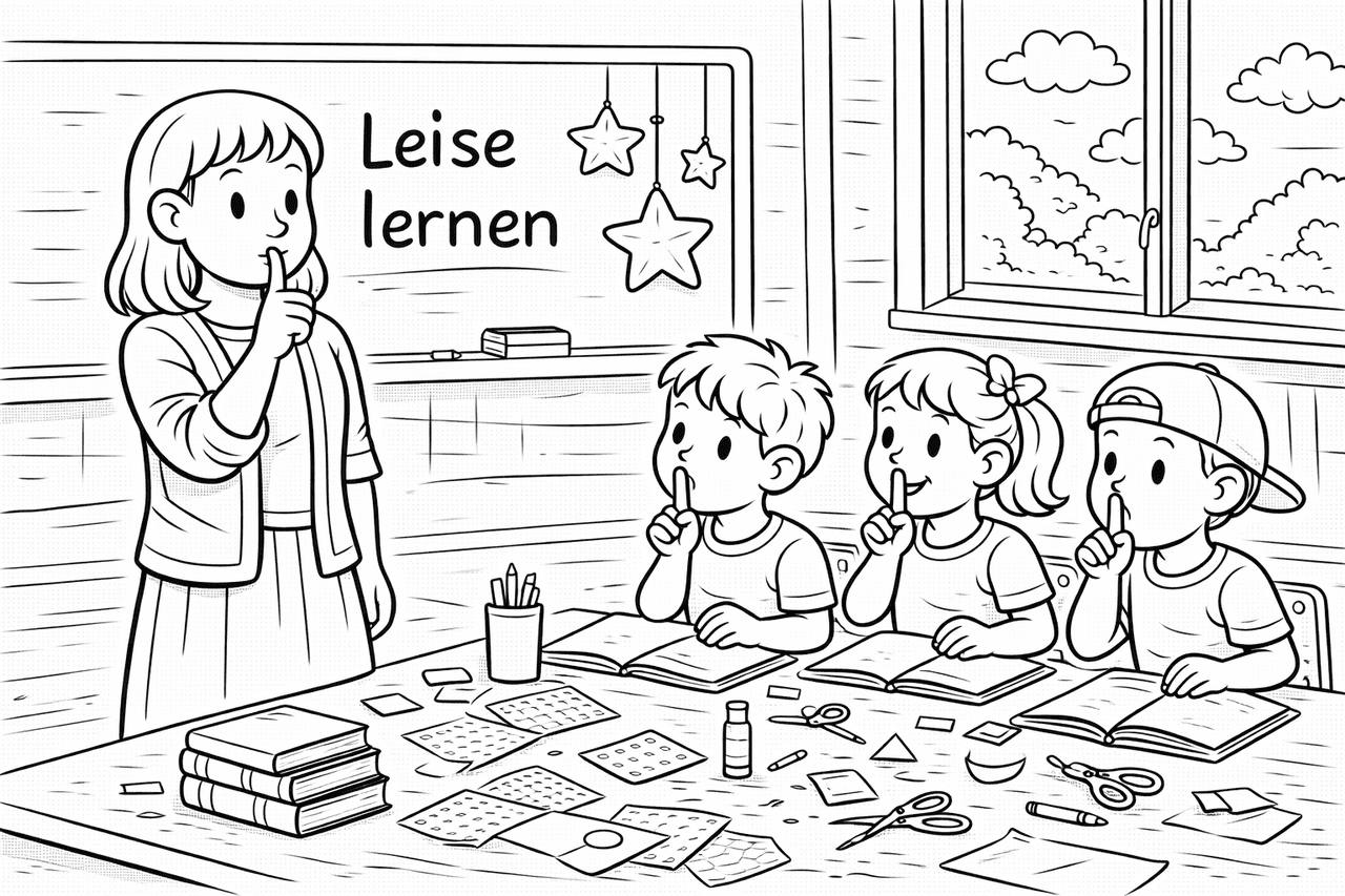 Leise und aufmerksam im Klassenzimmer - Ausmalbild