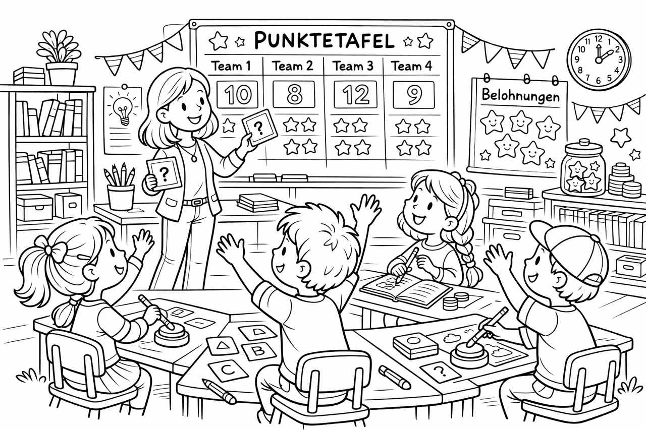 Lustiges Klassenzimmer-Quizspiel - Ausmalbild