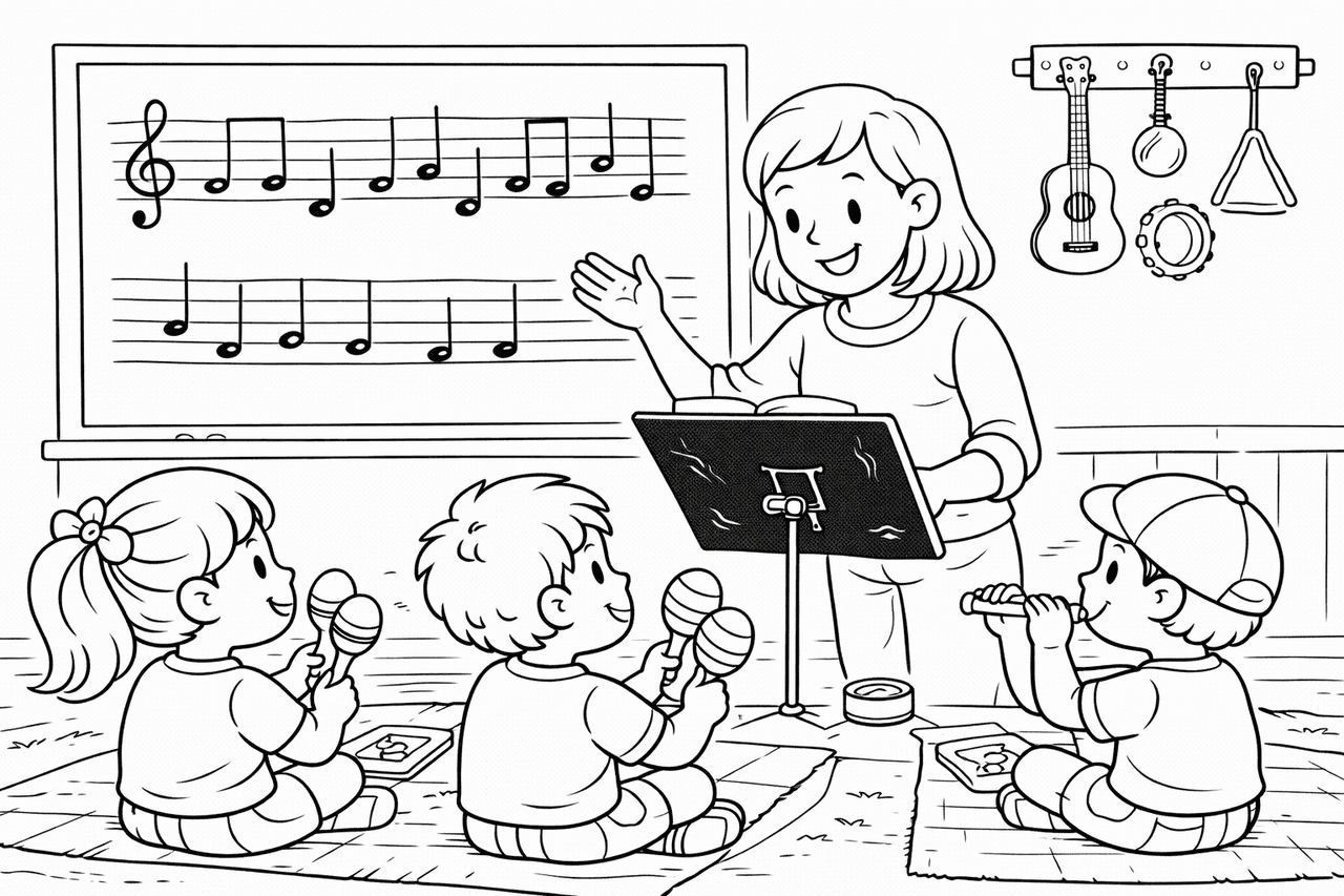 Musikunterricht mit fröhlichen Kindern - Ausmalbild