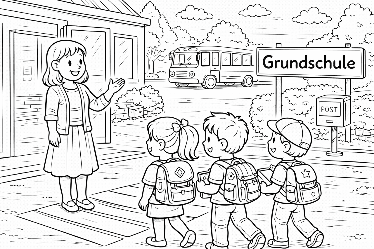 Schulbeginn vor der Grundschule - Ausmalbild