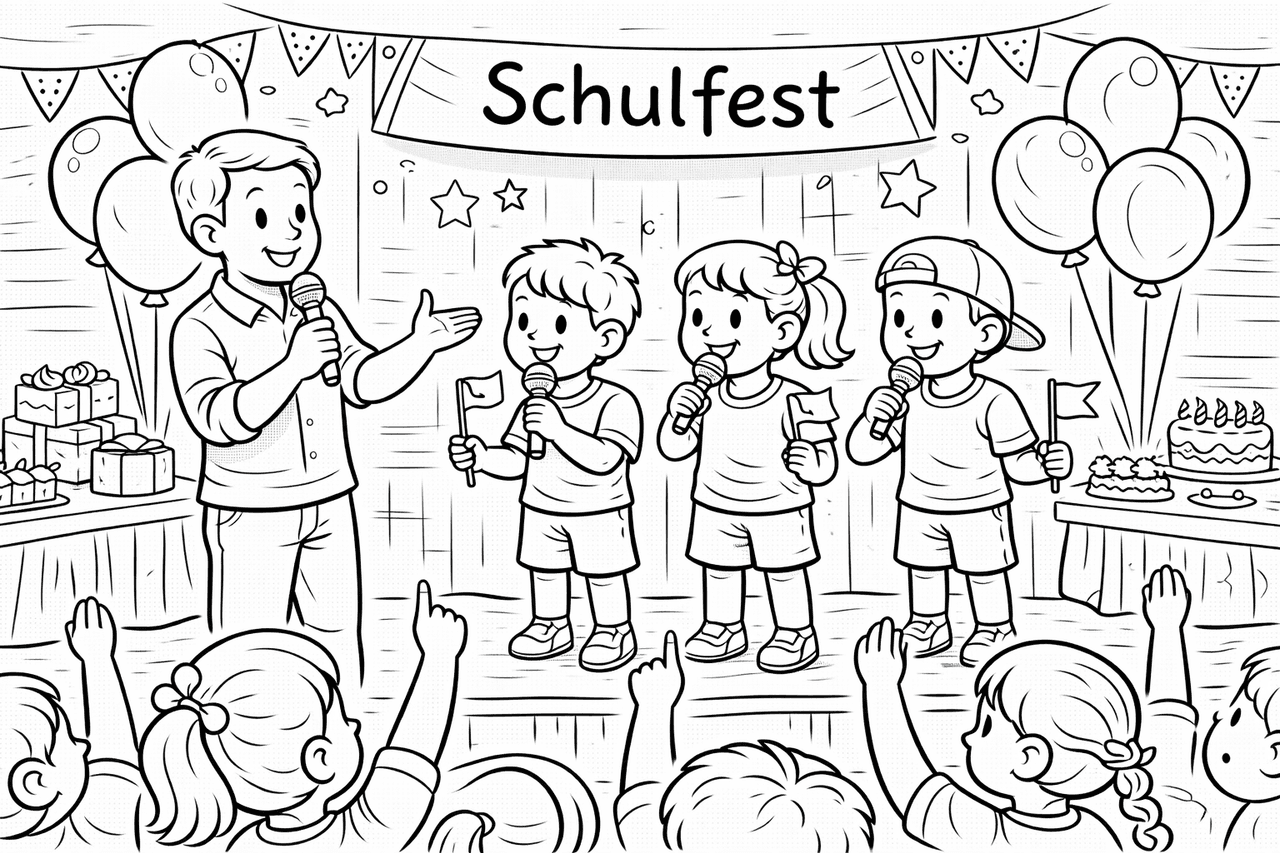 Schulfest auf der Bühne - Ausmalbild
