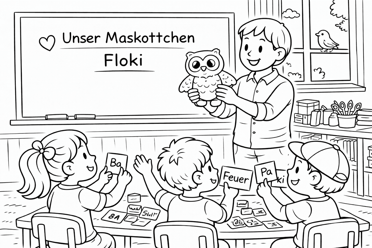 Unser Maskottchen Floki im Klassenzimmer - Ausmalbild