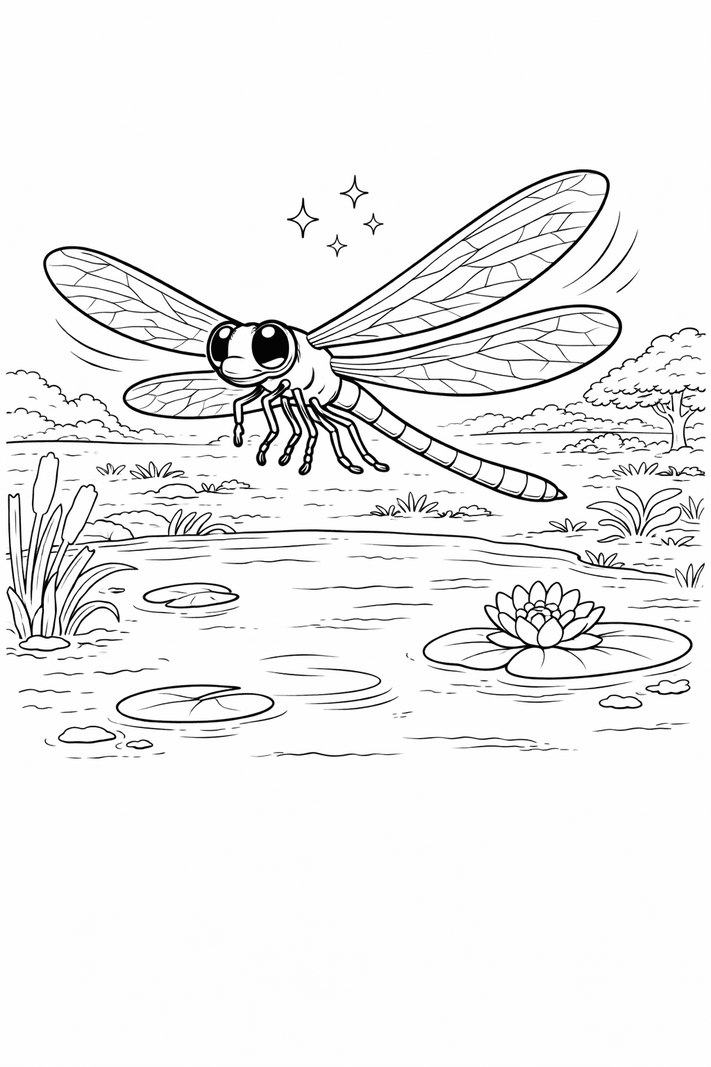 Libelle über Teich - Ausmalbild