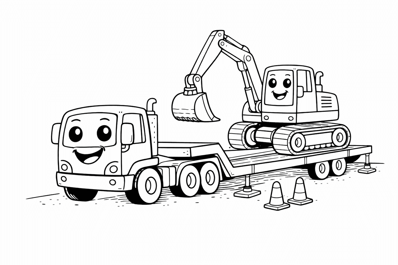 Lkw und Bagger auf Anhänger - Ausmalbild