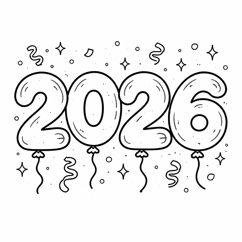 Luftballon-Zahlen 2026 - Ausmalbild