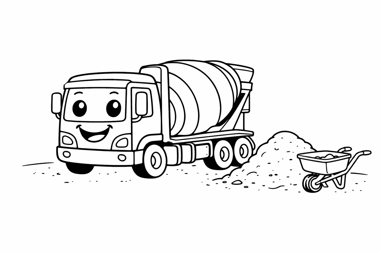 Lustiger Betonmischer vor Mauerwerk - Ausmalbild