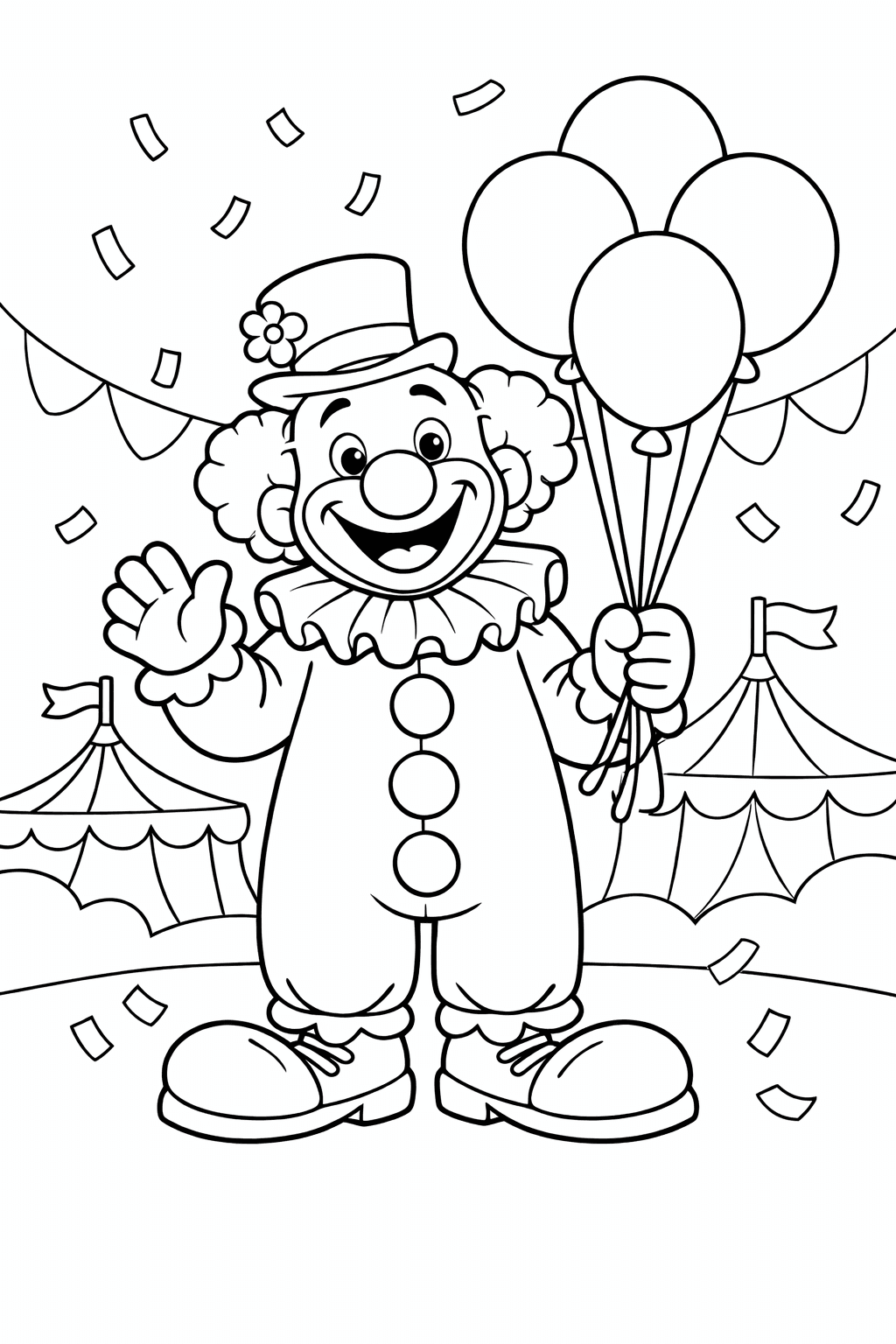 Lustiger Clown mit Luftballons - Ausmalbild
