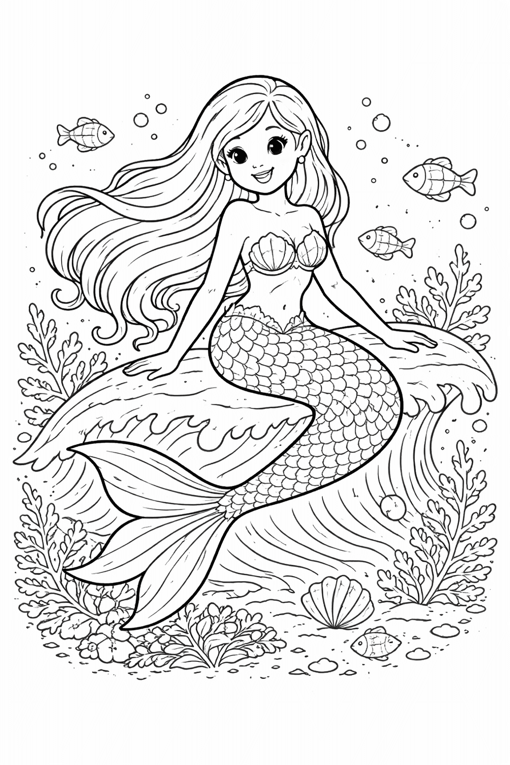 Meerjungfrau auf Welle - Ausmalbild