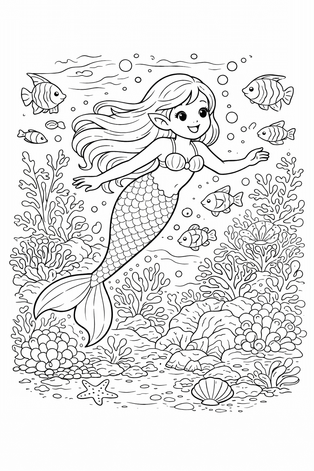 Meerjungfrau im Korallenriff - Ausmalbild