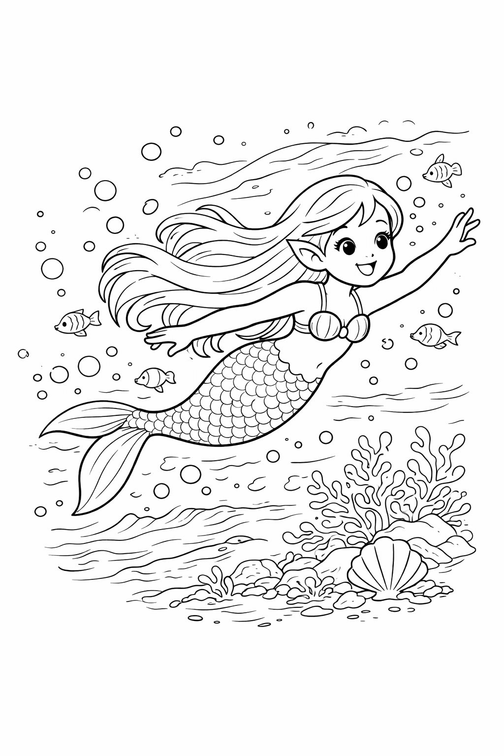 Schwimmende Meerjungfrau - Ausmalbild