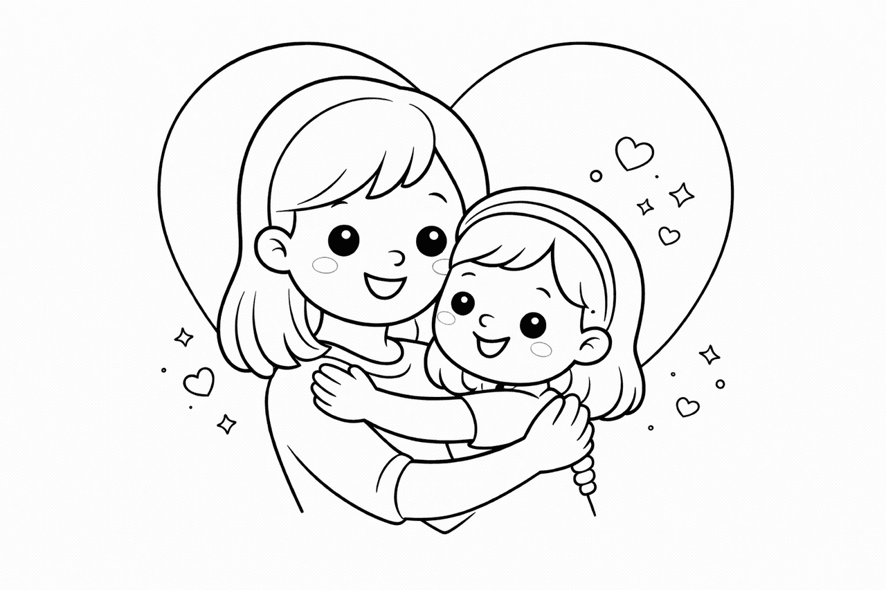 Mutter und Kind im Herz - Ausmalbild