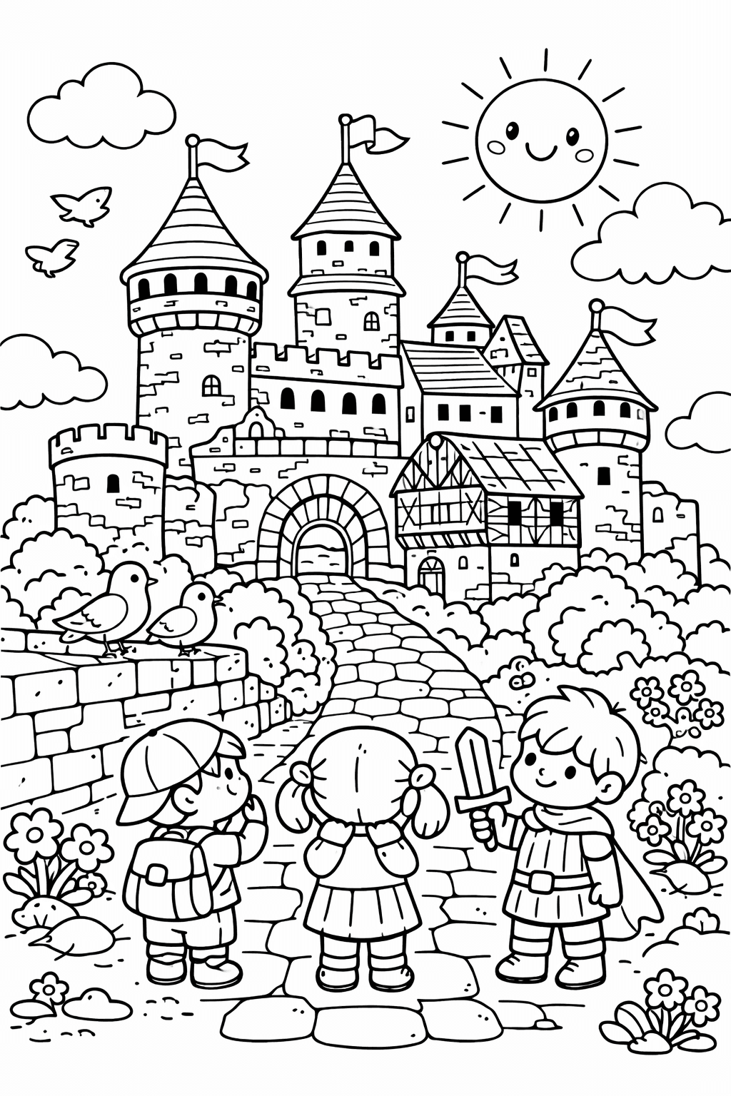 Kinder und Kaiserburg Nürnberg - Ausmalbild