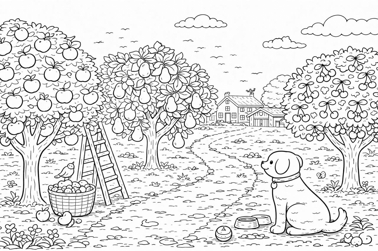Obstgarten mit Bauernhof - Ausmalbild