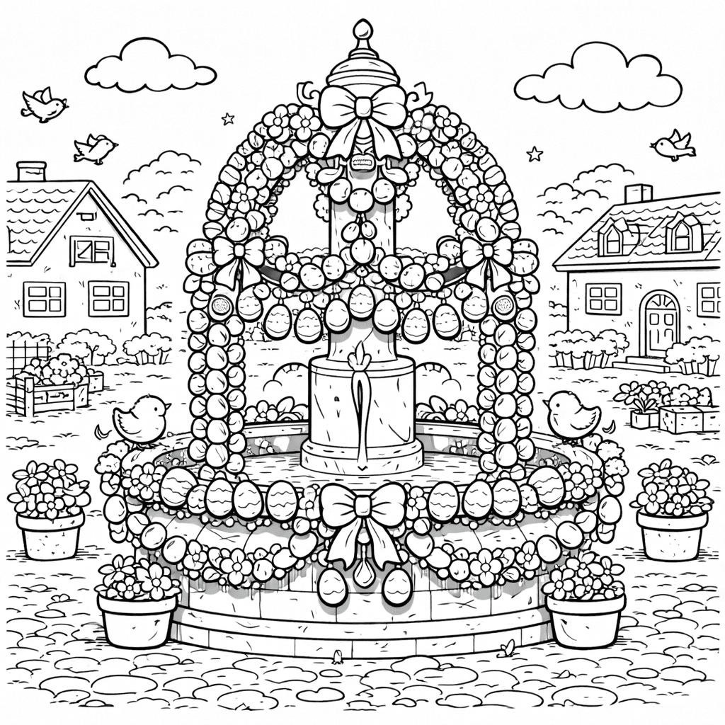 Osterbrunnen im Dorfplatz - Ausmalbild