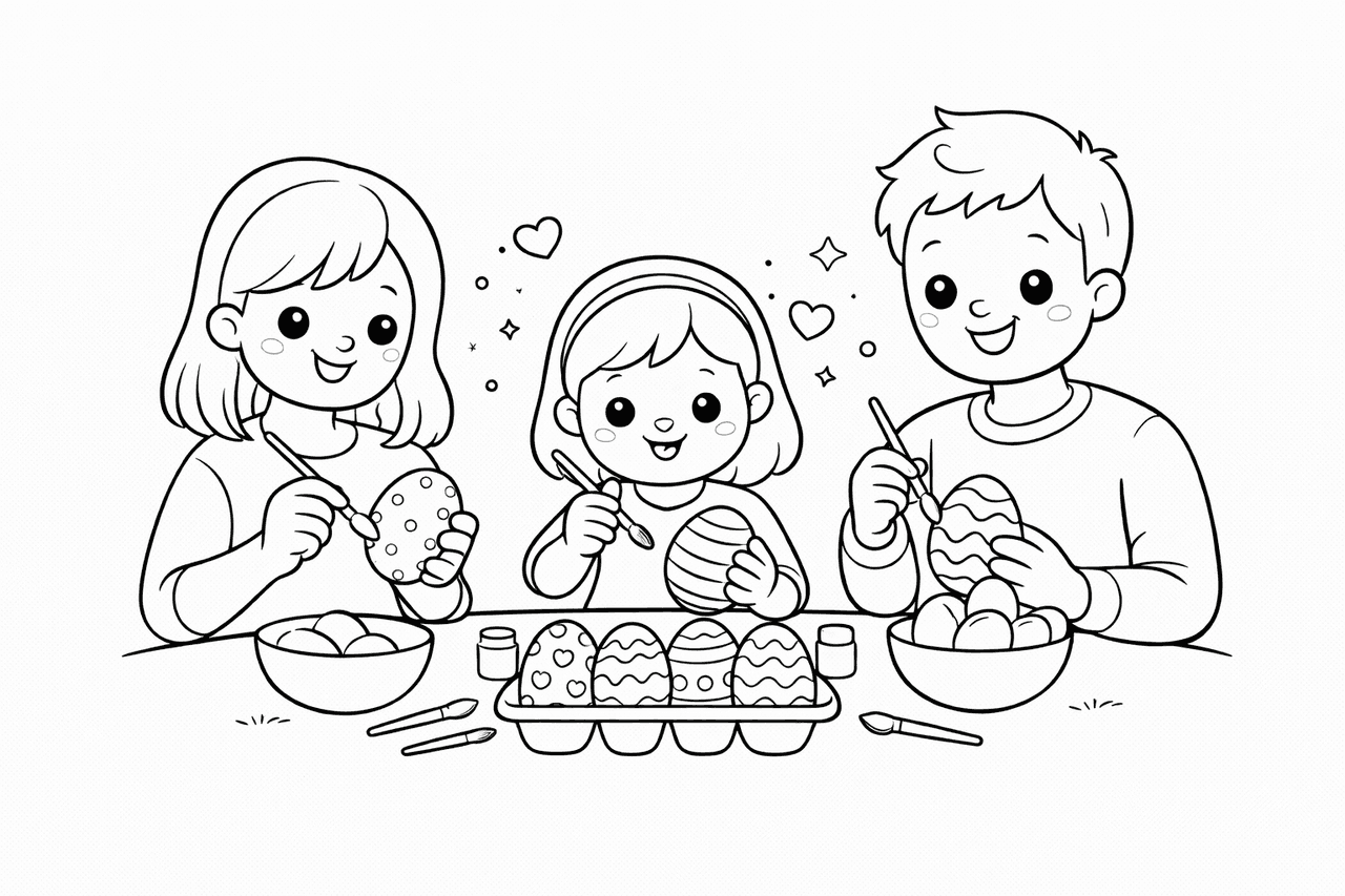 Osterdeko mit Familie - Ausmalbild