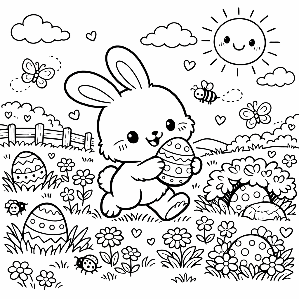 Osterhase mit bunten Eiern im Frühling - Ausmalbild