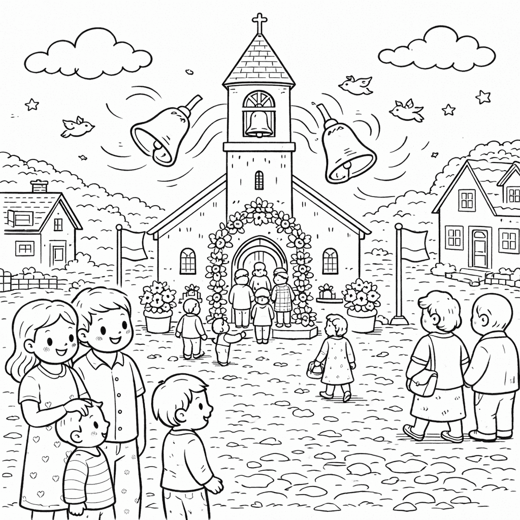 Osterspaziergang vor der Dorfkirche - Ausmalbild