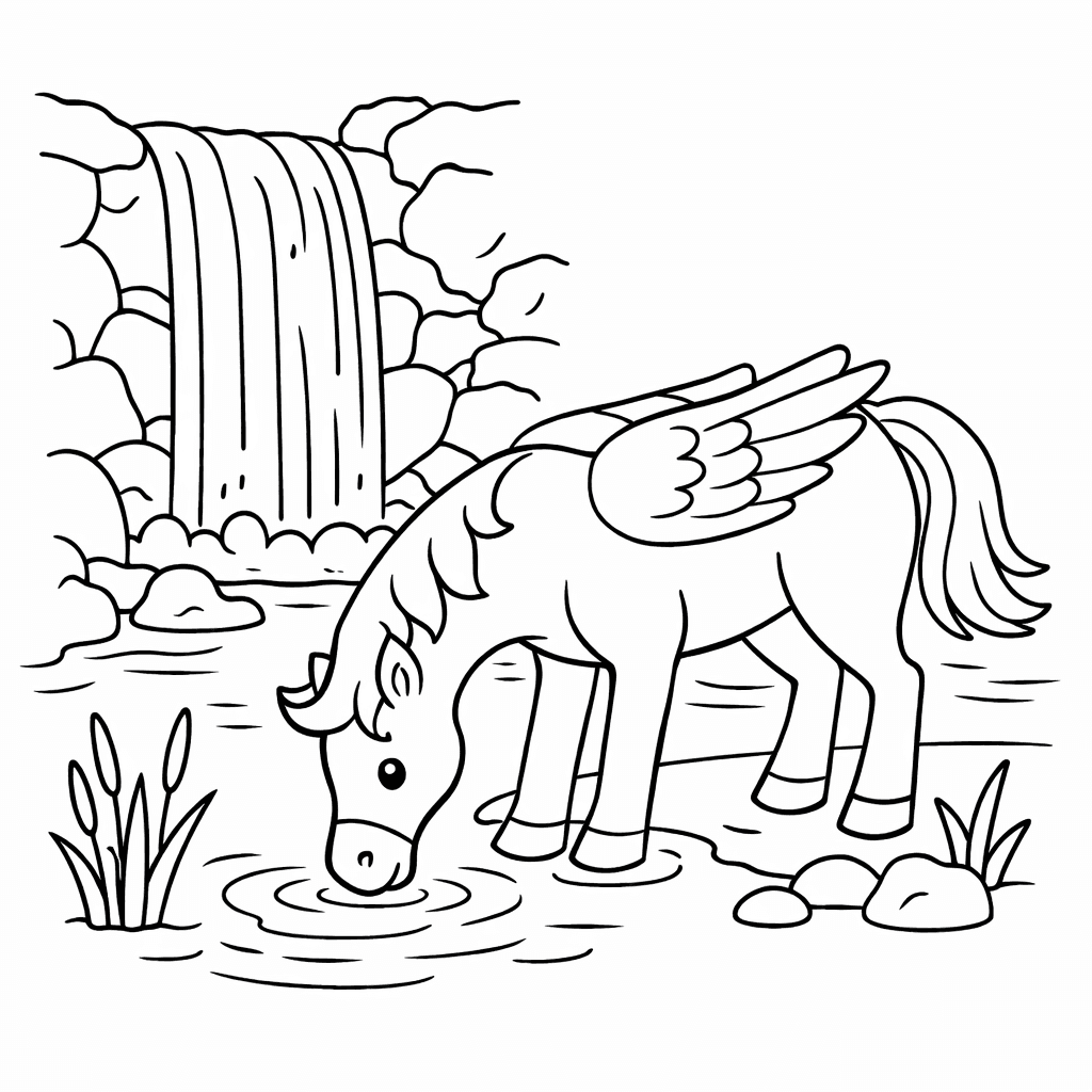 Pegasus Am Klaren Wasserfall - Ausmalbild