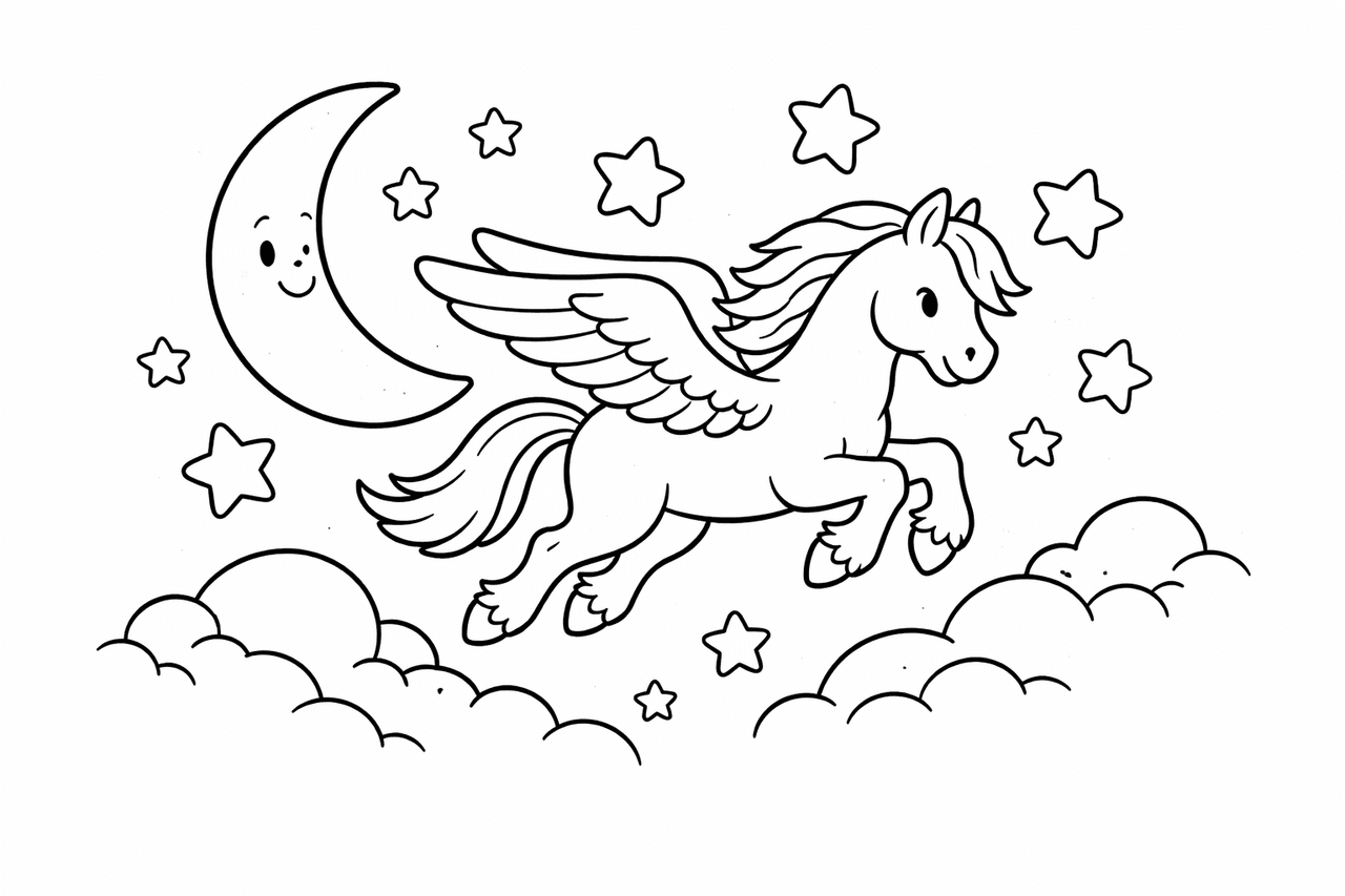 Pegasus Fliegt Durch Den Nachthimmel - Ausmalbild