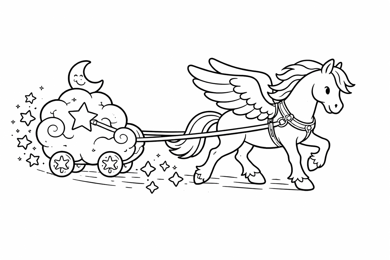 Pegasus Zieht Wolkenwagen Mit Sternen - Ausmalbild