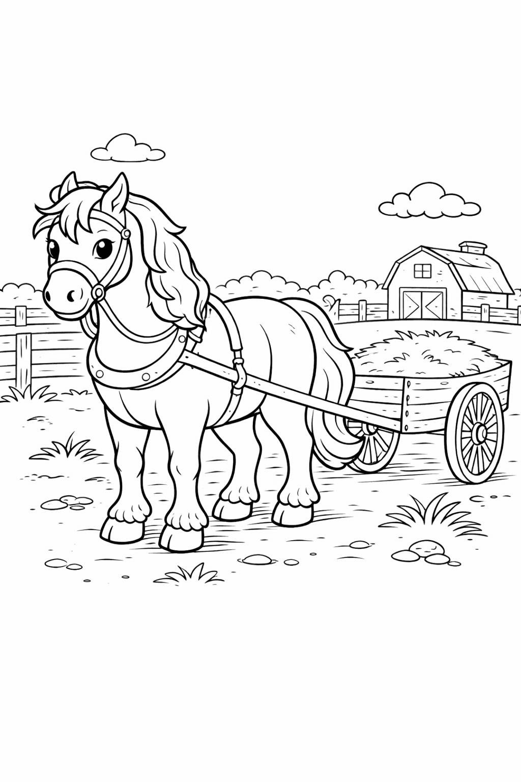 Pferd vor Bauernhof - Ausmalbild