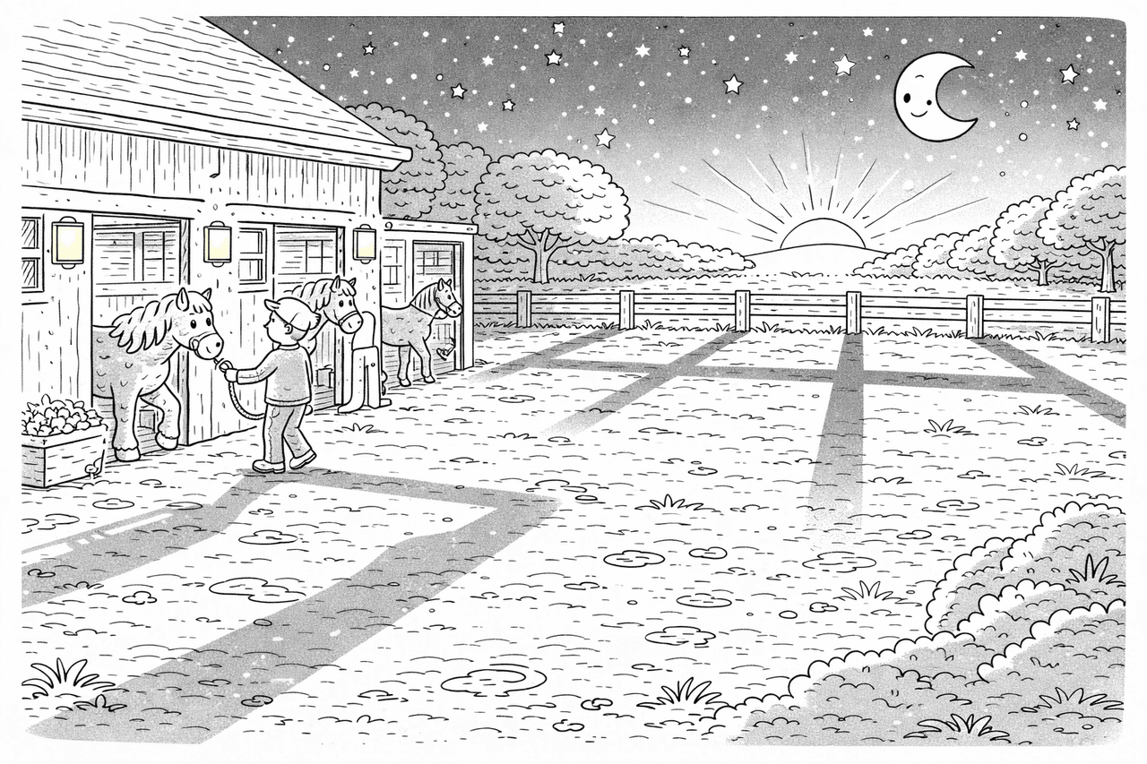 Pferdehof bei Nacht - Ausmalbild