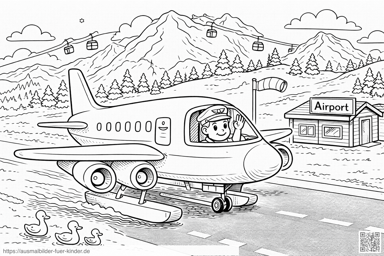 Flughafen in den Bergen mit Flugzeug - Ausmalbild