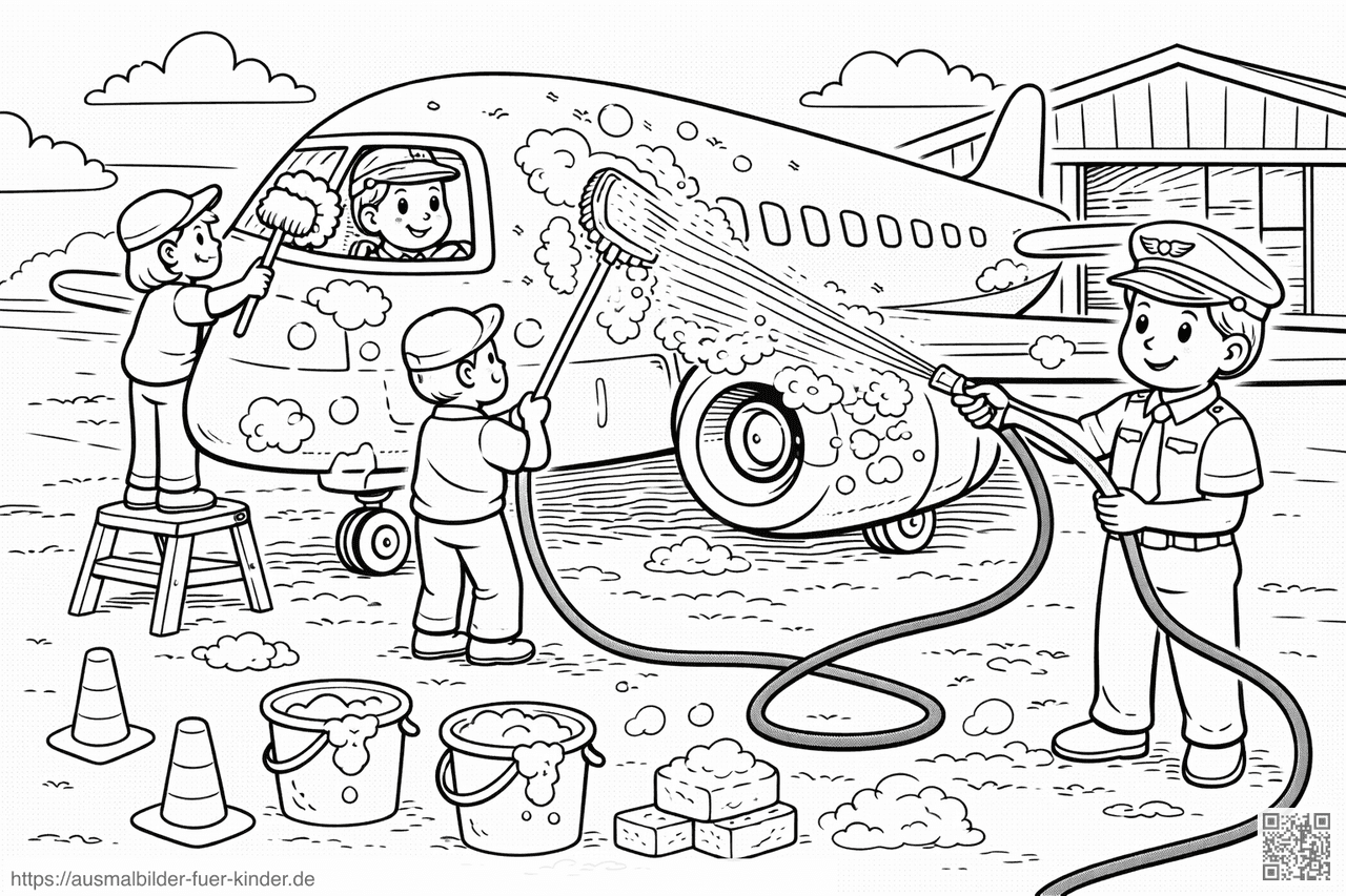 Flughafen-Mitarbeiter waschen Flugzeug - Ausmalbild