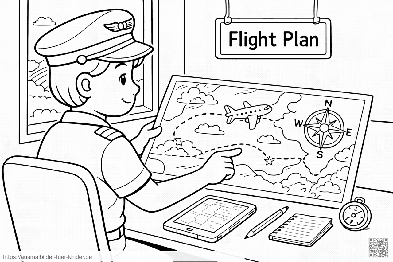Flugplanung am Schreibtisch - Ausmalbild