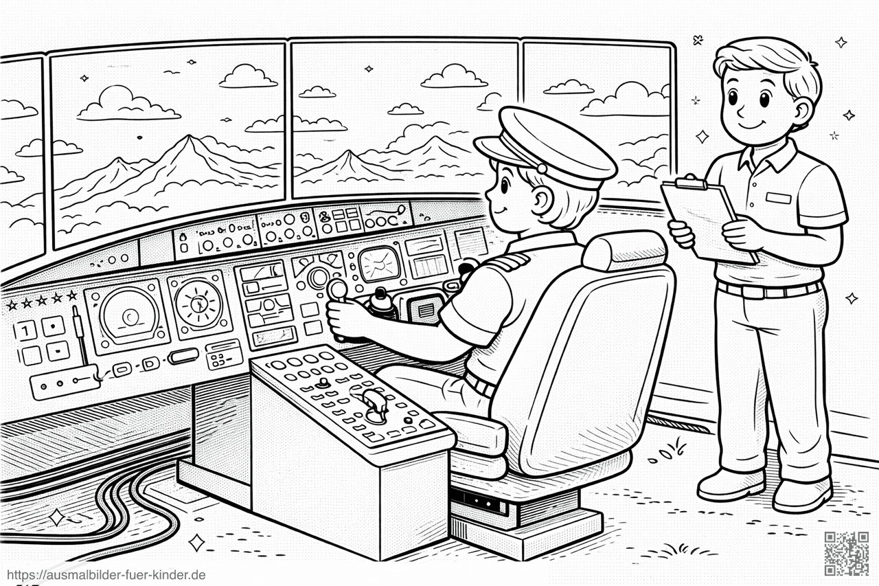 Flugsimulator-Training mit einem Ausbilder - Ausmalbild