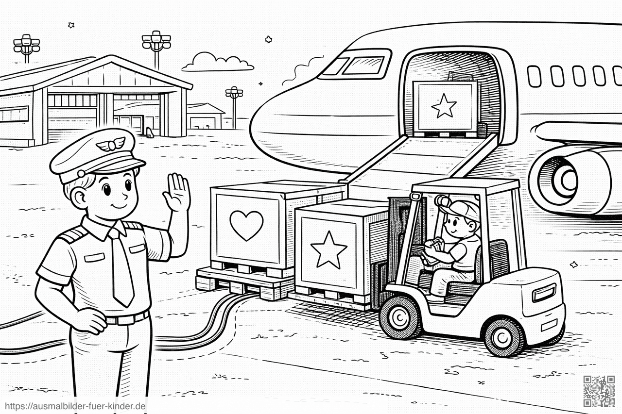 Frachtflugzeug wird beladen am Flughafen - Ausmalbild