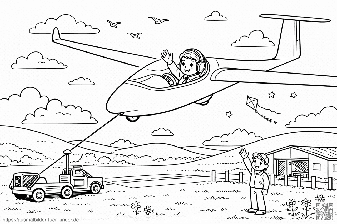 Gleiter über Hügel mit Helfer - Ausmalbild