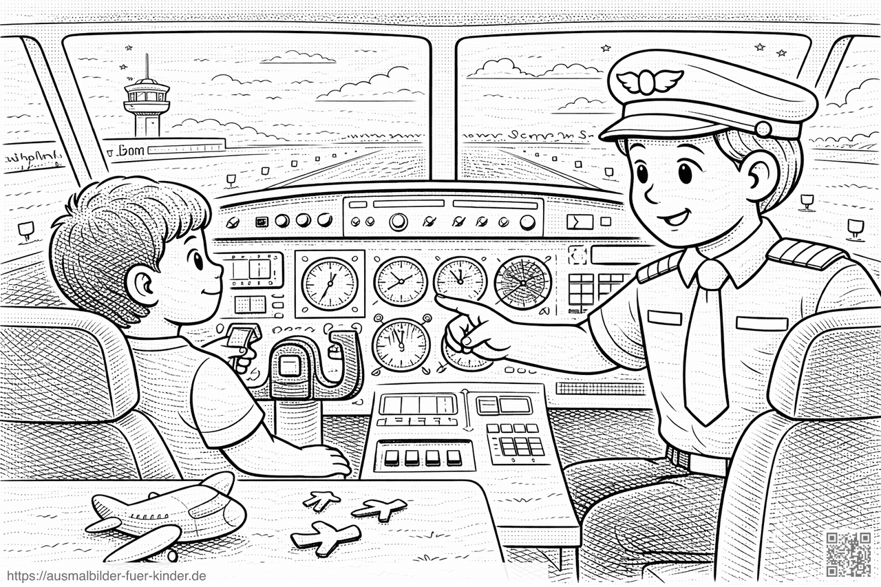Kinder im Cockpit eines Flugzeugs - Ausmalbild