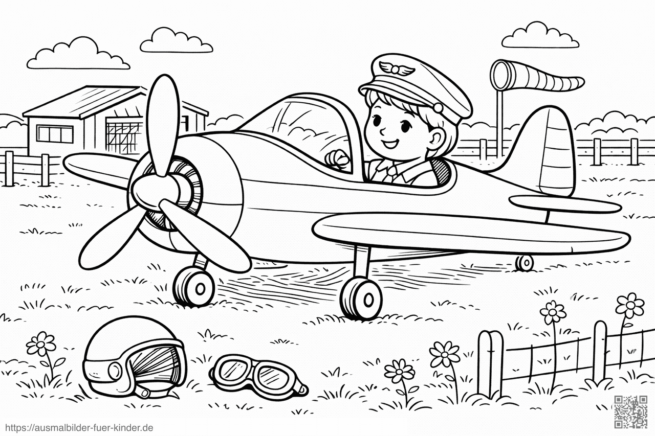 Kleiner Pilot im Flugzeugcockpit - Ausmalbild