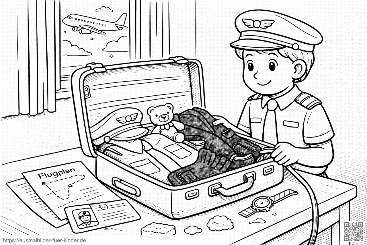 Pilot packt seinen Koffer vor dem Flug - Ausmalbild