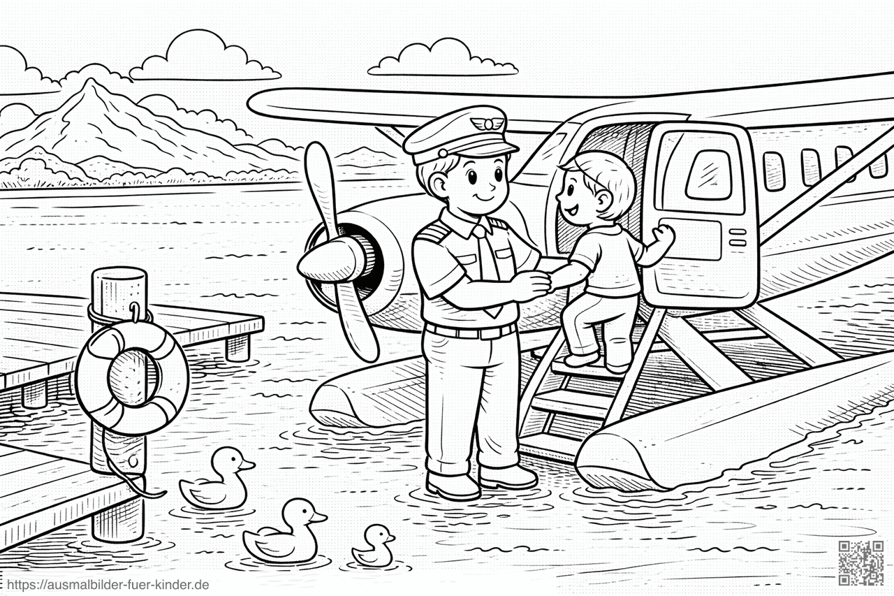 Seaplane am Pier mit Enten - Ausmalbild