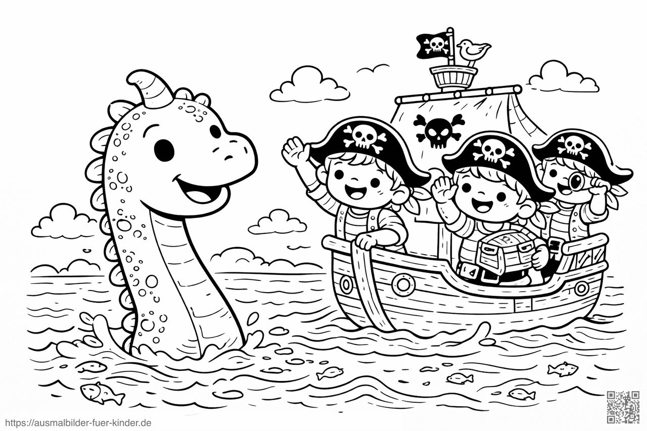 Piraten und freundliches Seeungeheuer - Ausmalbild