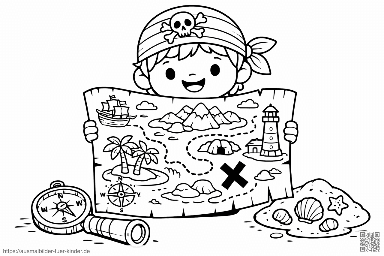 Piratenjunge mit Schatzkarte und Kompass - Ausmalbild