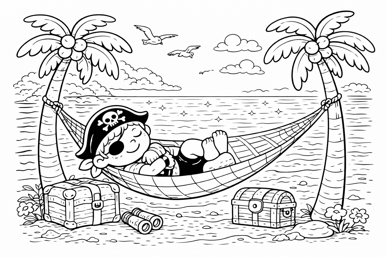 Piratenkind im Hängemattenschlaf - Ausmalbild
