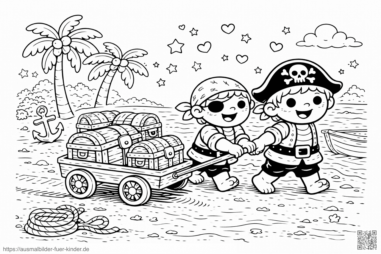 Piratenkinder auf Schatzsuche am Strand - Ausmalbild
