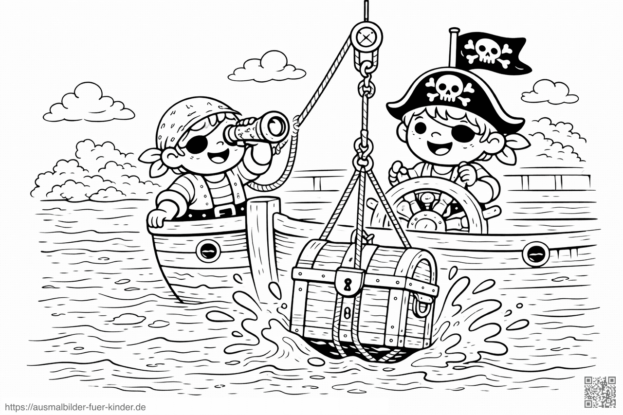 Piratenkinder bergen den Schatz - Ausmalbild