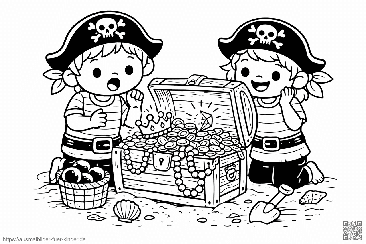 Piratenkinder entdecken einen Schatz - Ausmalbild