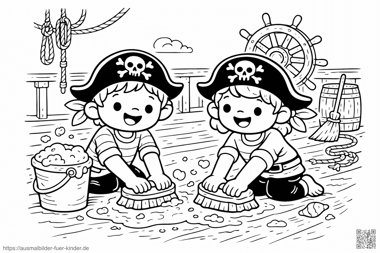 Piratenkinder putzen das Schiffsdeck - Ausmalbild