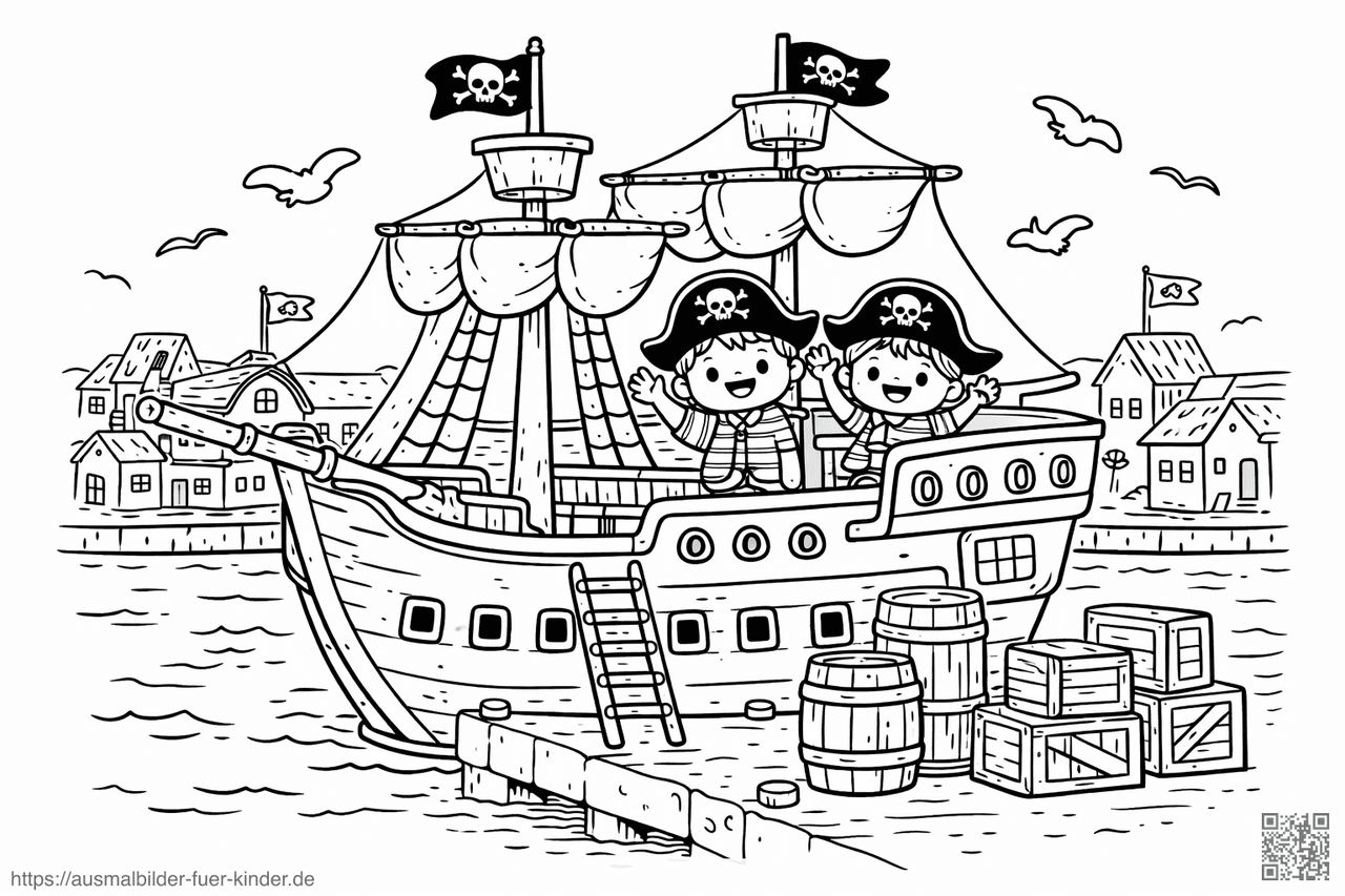 Piratenschiff im Hafen mit Kindern - Ausmalbild