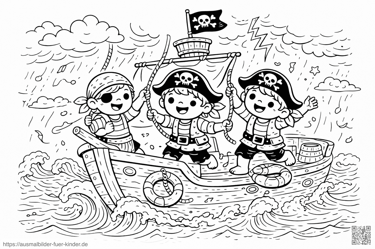 Piratenschiff im Sturm mit Kindern - Ausmalbild