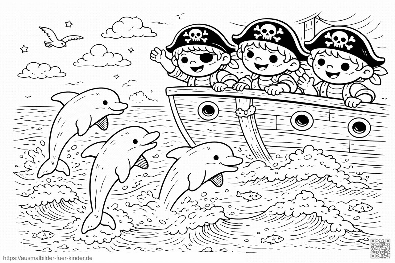 Piratenschiff und springende Delfine - Ausmalbild