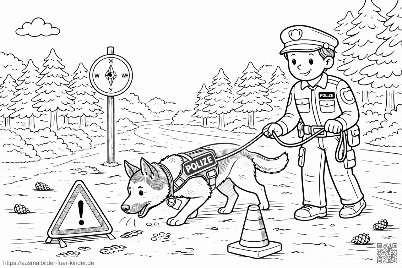 Polizei im Wald mit Hund - Ausmalbild
